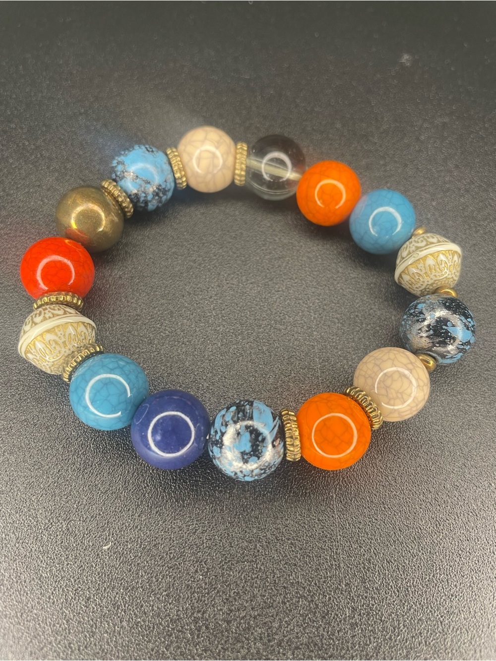 Multicolor Beaded Stretch Bracelet — Blue, Orange, Red, Cream